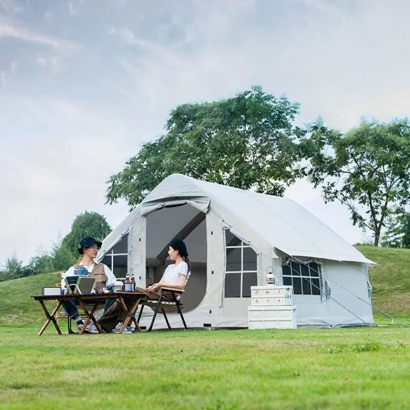 Inflatable camping tent 10 square meters enlarged large space for 6-8 person Chimney design windproof rainproof no need to build