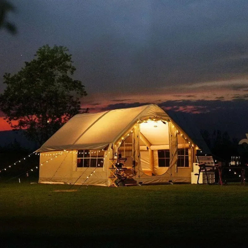 Inflatable camping tent 10 square meters enlarged large space for 6-8 person Chimney design windproof rainproof no need to build