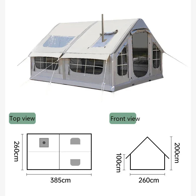 Inflatable camping tent 10 square meters enlarged large space for 6-8 person Chimney design windproof rainproof no need to build
