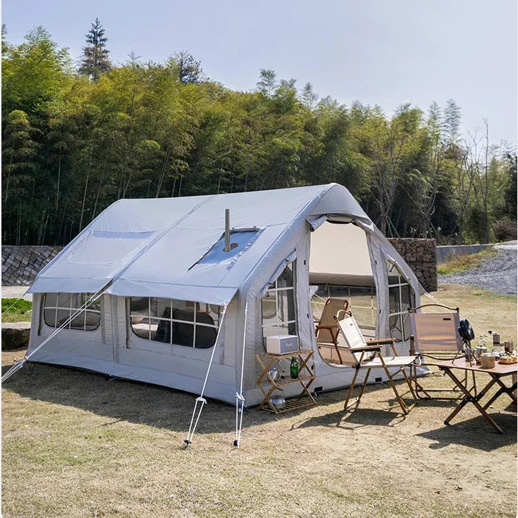 Inflatable camping tent 10 square meters enlarged large space for 6-8 person Chimney design windproof rainproof no need to build