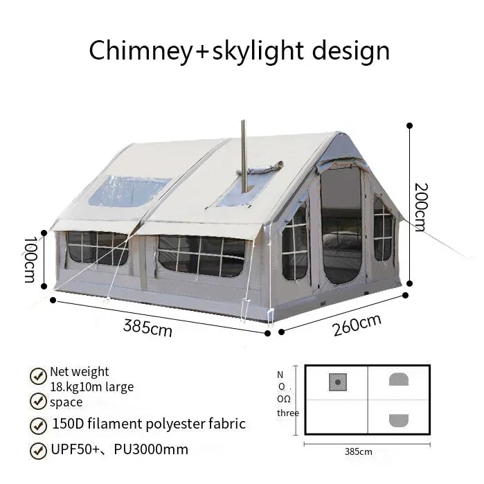Inflatable camping tent 10 square meters enlarged large space for 6-8 person Chimney design windproof rainproof no need to build